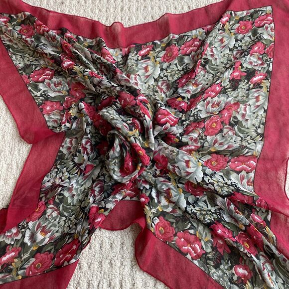Alcott & Andrews sheer silky crepe scarf red & sage floral square cottagecore - Picture 6 of 7